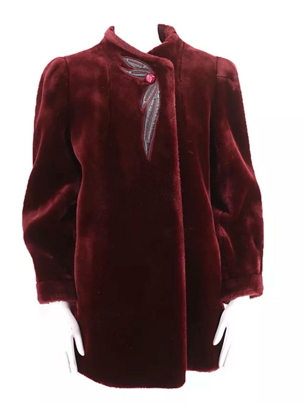 1970s Sasson Bordeaux Plush Faux Fur Coat Mid Length Size 14
